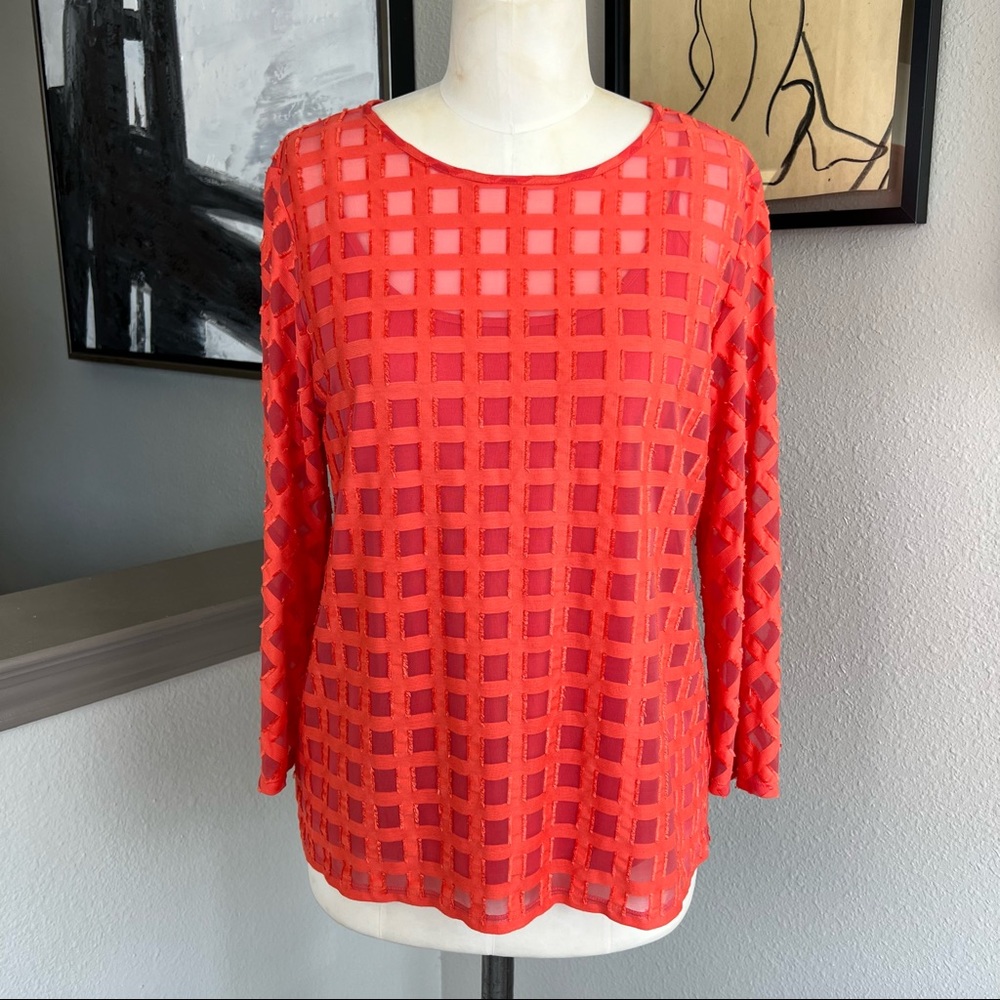 ETCETERA modern red sheer knit layered top